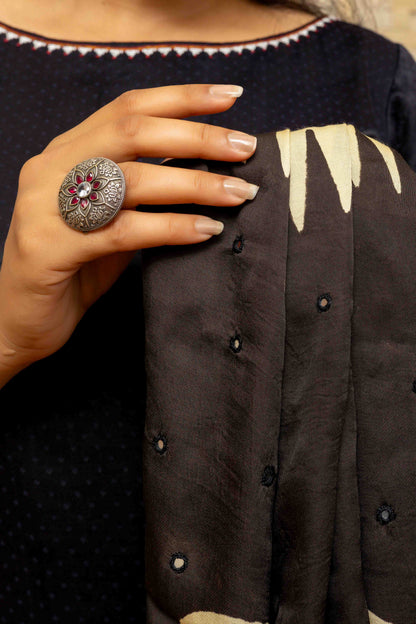 Cream and Black Block-printed Dupatta with Red Tassels