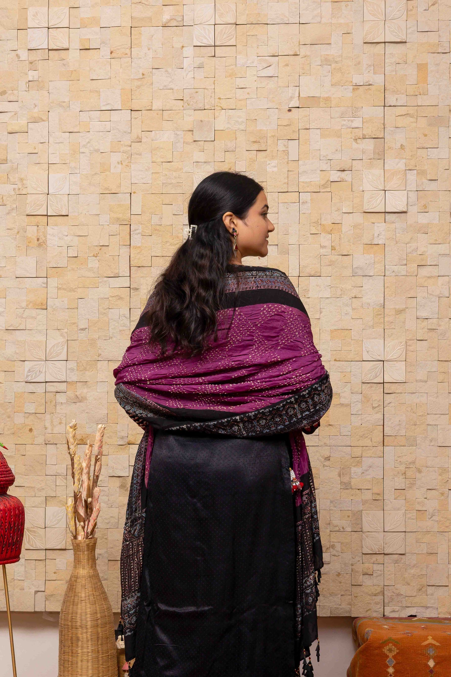 Vibrant Purple Ajrakh Bandhani Dupatta With Tassels