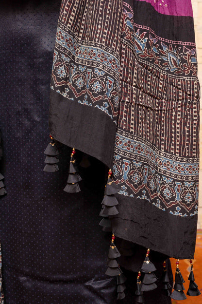 Vibrant Purple Ajrakh Bandhani Dupatta With Tassels