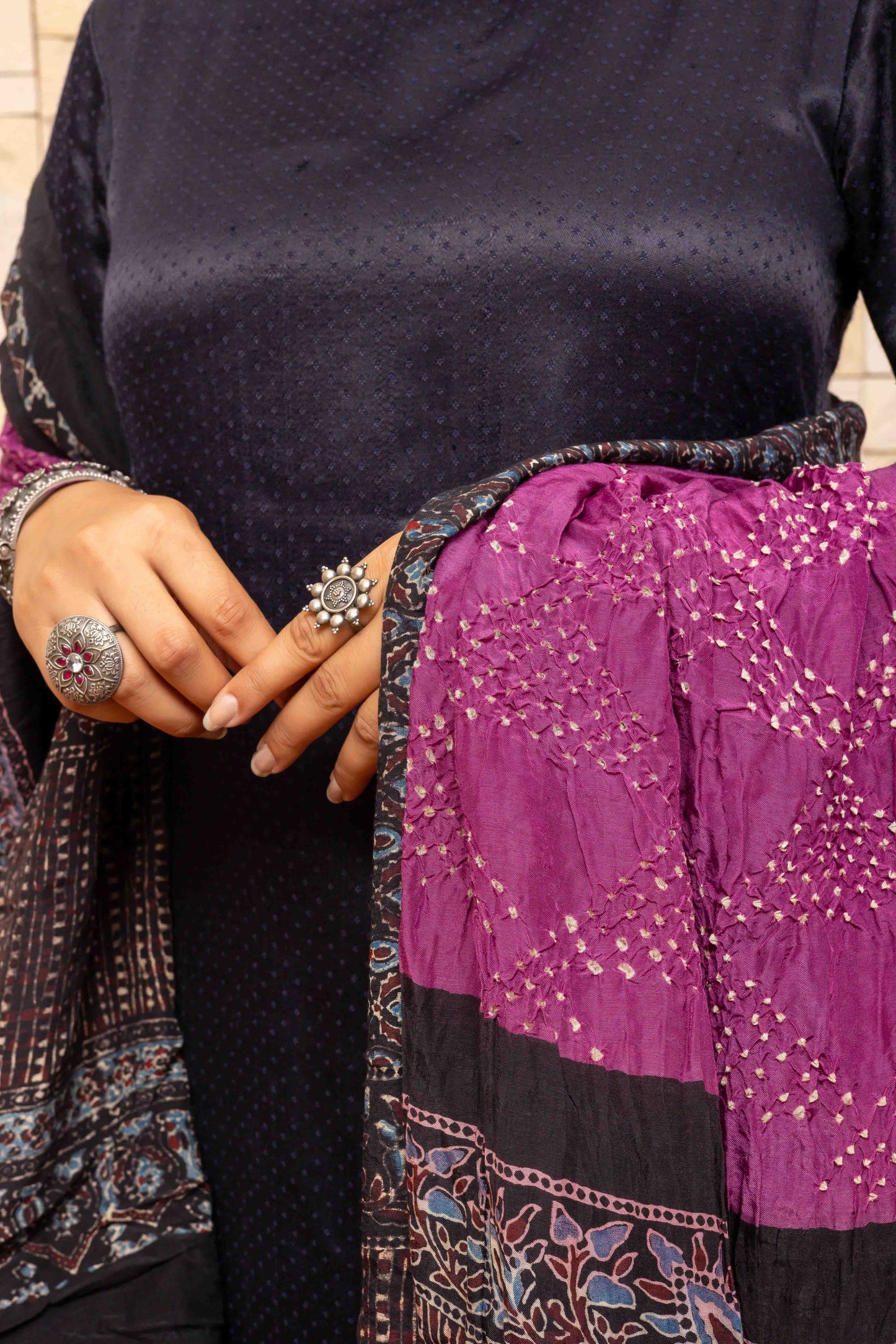 Vibrant Purple Ajrakh Bandhani Dupatta With Tassels
