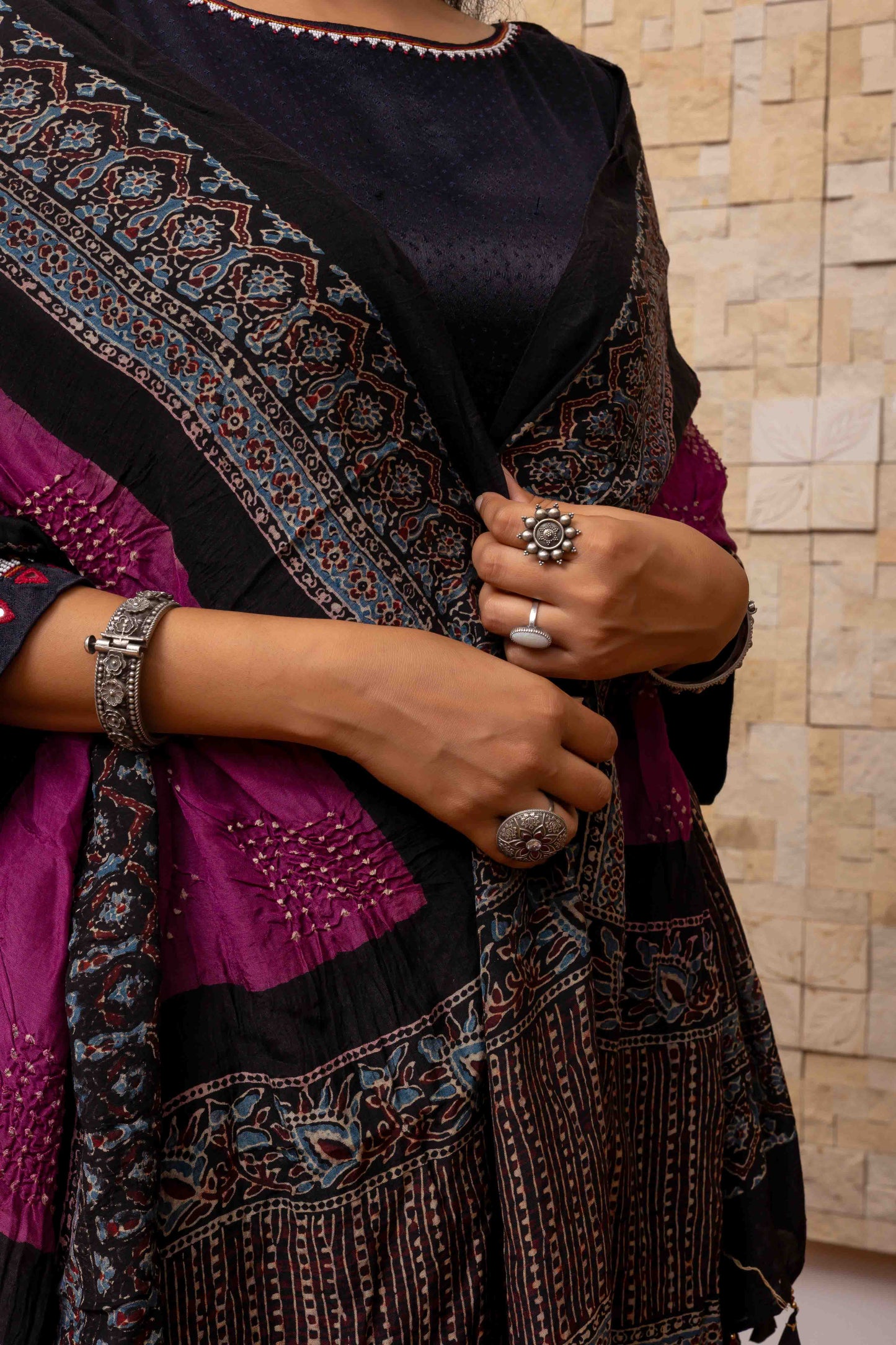 Vibrant Purple Ajrakh Bandhani Dupatta With Tassels