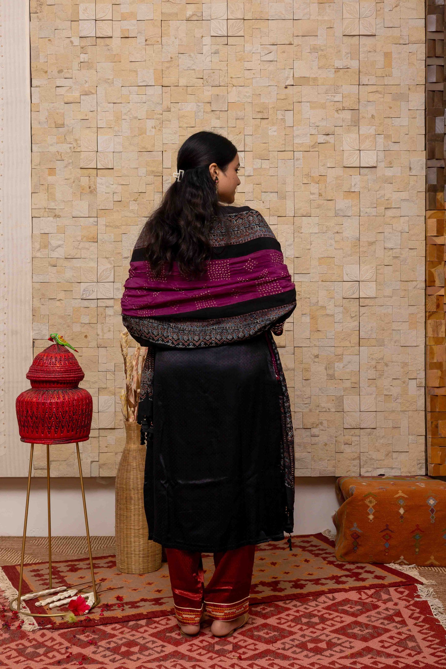 Vibrant Purple Ajrakh Bandhani Dupatta With Tassels