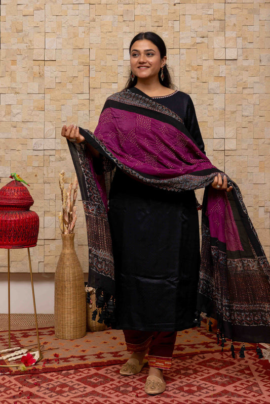 Deep Purple Ajrakh-bandhani Dupatta With Handcrafted Tassels