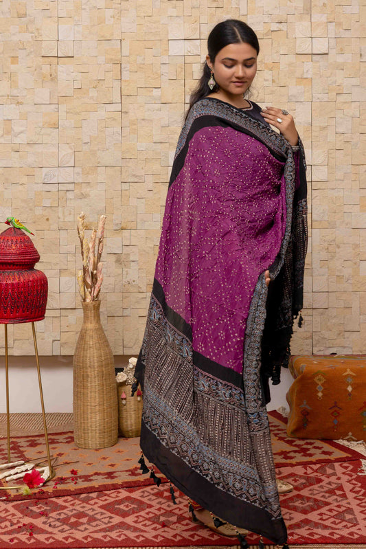 Ajrakh Bandhani Dupatta In Purple With Handmade Tassels