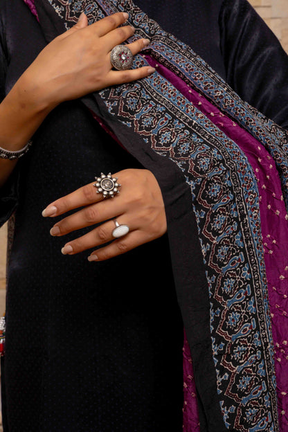 Ajrakh Bandhani Dupatta In Purple With Handmade Tassels