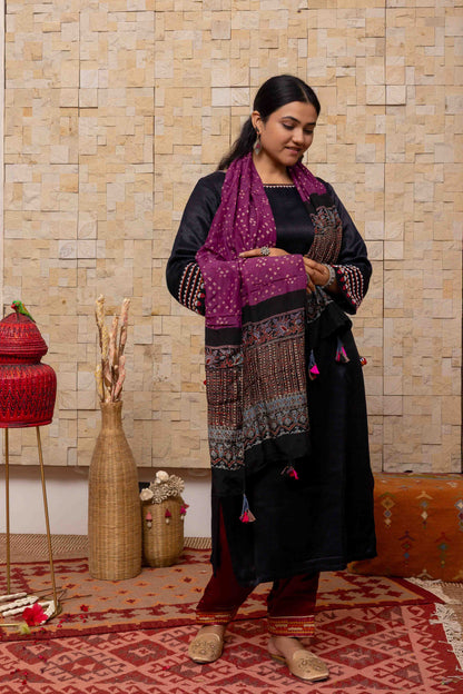 Deep Purple Ajrakh Bandhani Stole With Tassels
