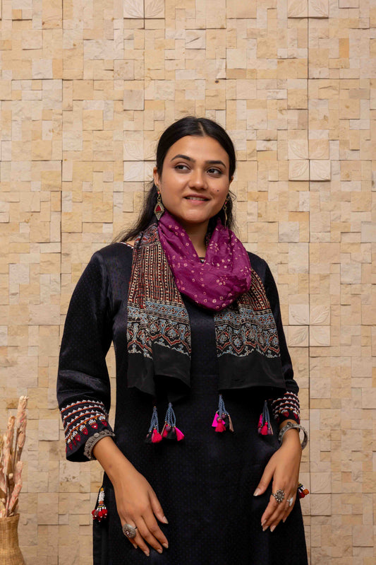 Deep Purple Ajrakh Bandhani Stole With Tassels