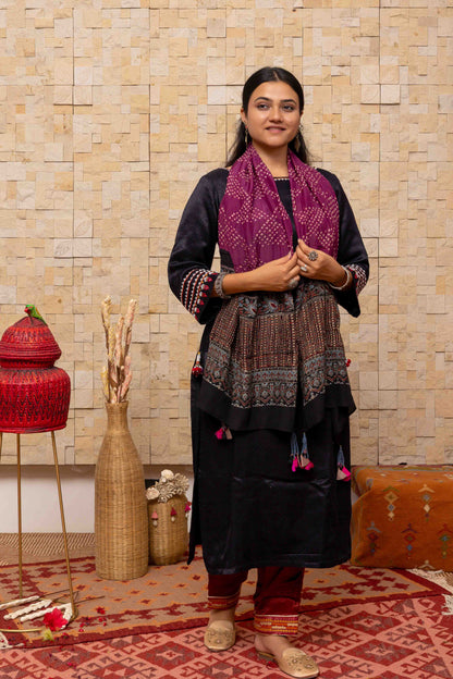 Purple Ajrakh Bandhani Stole With Handcrafted Tassels