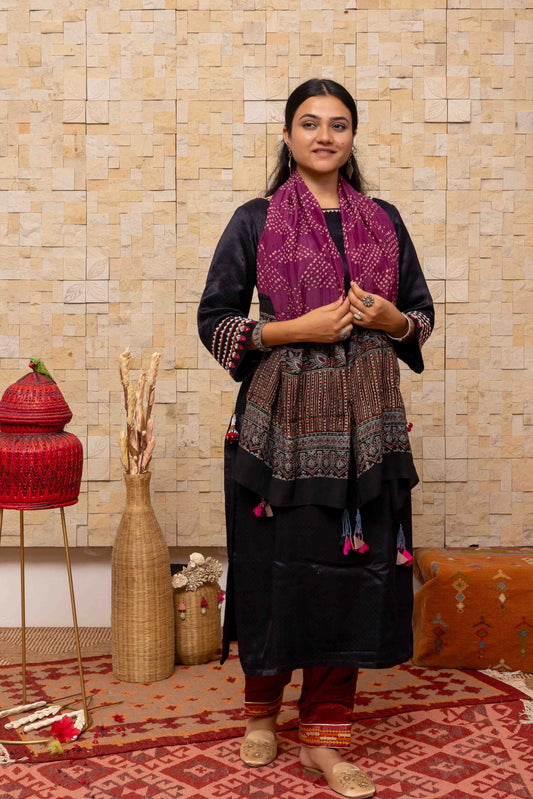 Purple Ajrakh Bandhani Stole With Handcrafted Tassels
