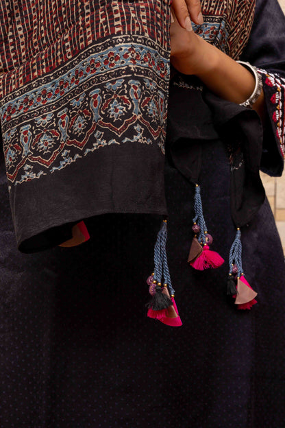 Purple Ajrakh Bandhani Stole With Handcrafted Tassels