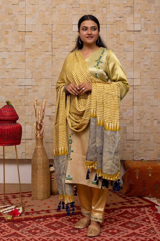 Block-printed Dupatta in Cream with Yellow and Grey contrast and Tassels