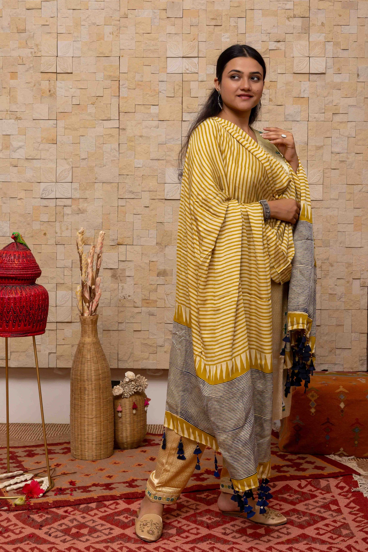Block-printed Dupatta in Cream with Yellow and Grey contrast and Tassels