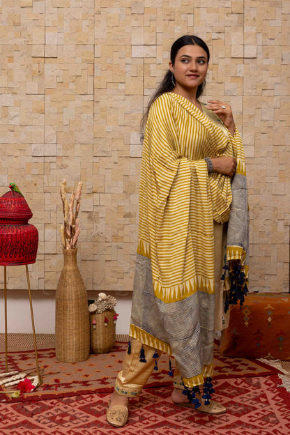 Block-printed Dupatta in Cream with Yellow and Grey contrast and Tassels