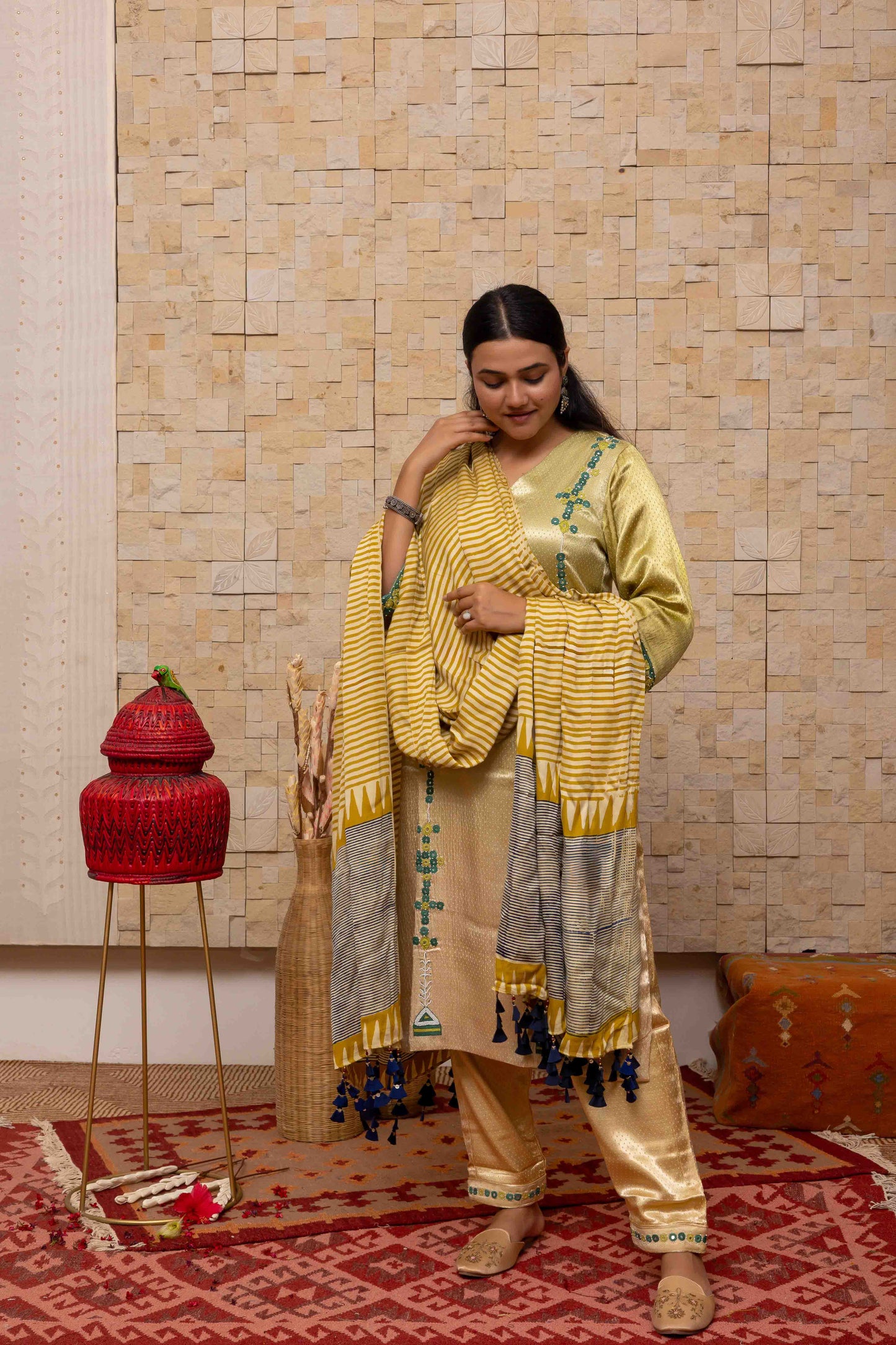 Block-printed Dupatta in Cream with Yellow and Grey contrast and Tassels