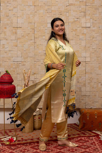 Block-printed Dupatta in Cream with Yellow and Grey contrast and Tassels