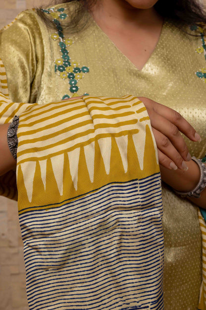 Block-printed Dupatta in Cream with Yellow and Grey contrast and Tassels