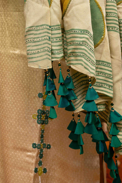 Cream Dupatta with Green-Yellow block-printed design and Tassels