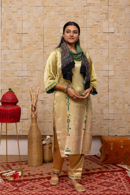 Green Ajrakh Bandhani Stole With Handcrafted Tassels