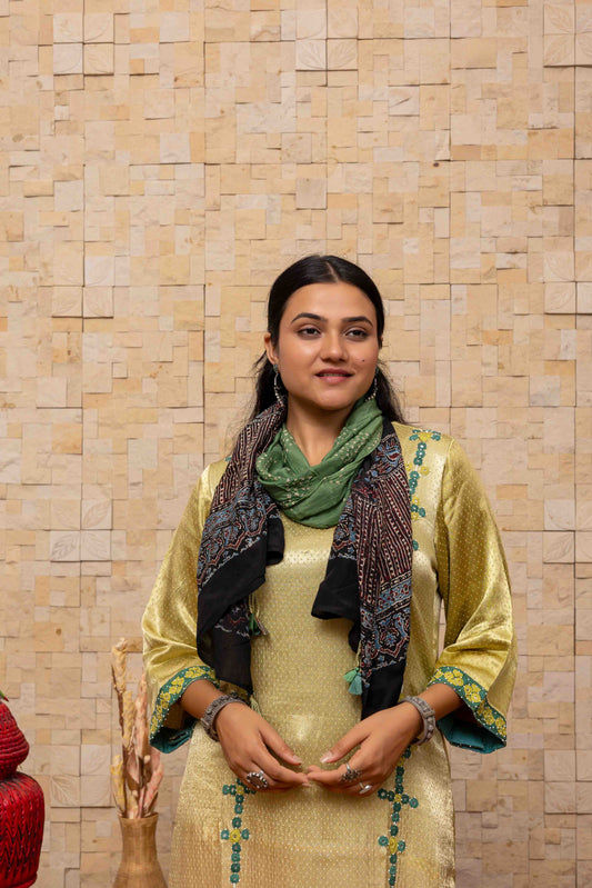 Green Ajrakh Bandhani Stole With Handcrafted Tassels