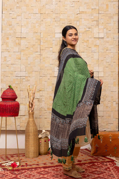 Ajrakh Bandhani Dupatta In Green Decorated With Tassels