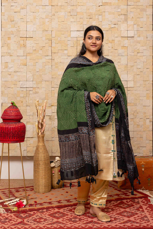 Ajrakh Bandhani Dupatta In Green Decorated With Tassels