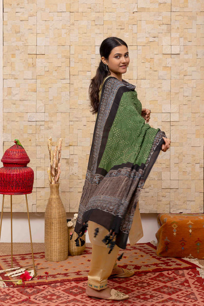 Ajrakh Bandhani Dupatta In Green Decorated With Tassels