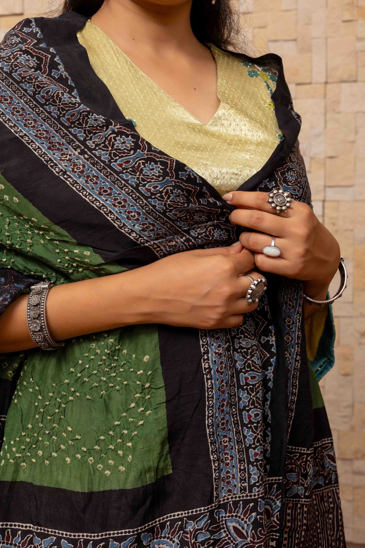 Olive Green Ajrakh Bandhani Dupatta With Handmade Tassels