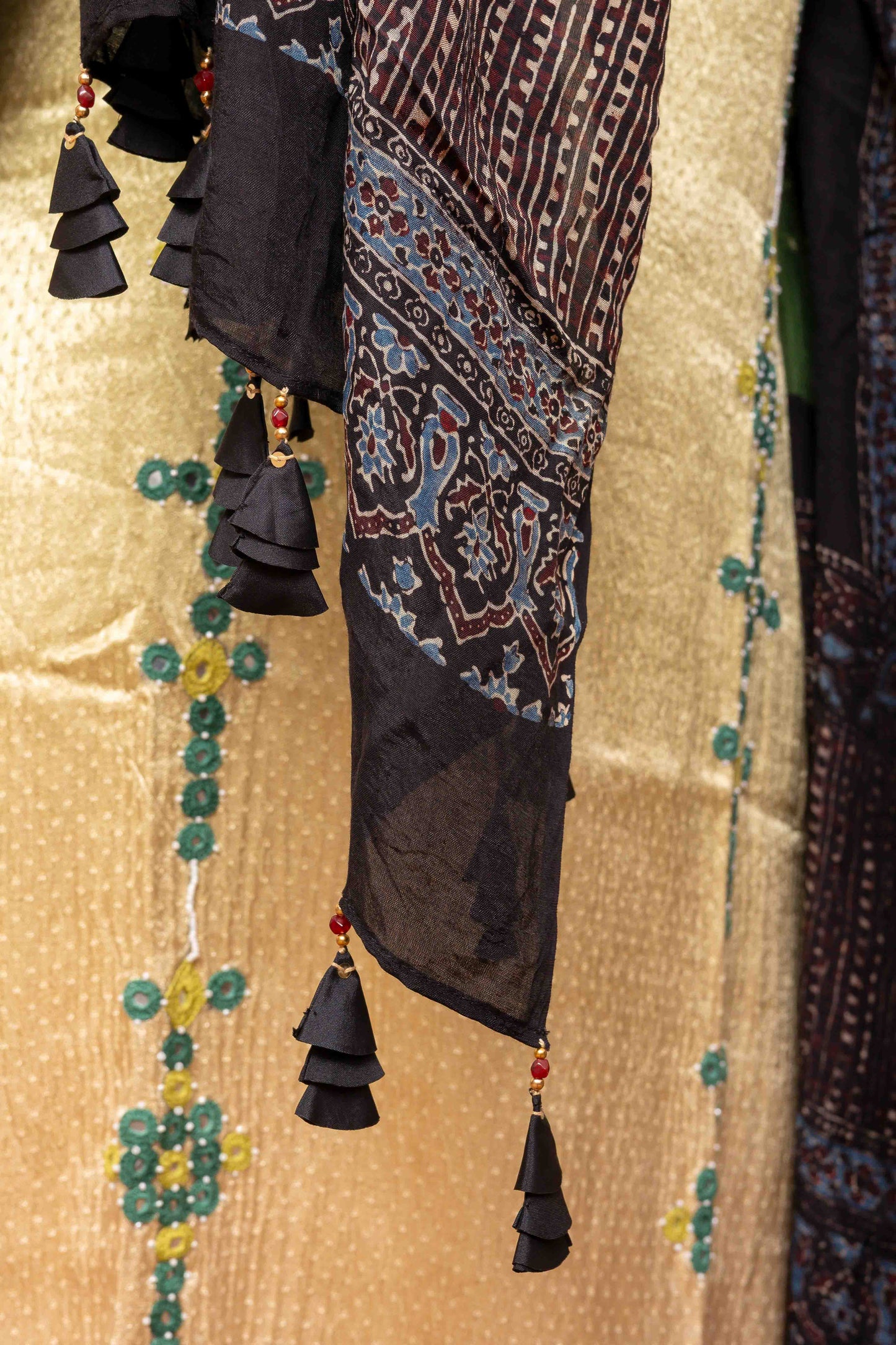 Olive Green Ajrakh Bandhani Dupatta With Handmade Tassels