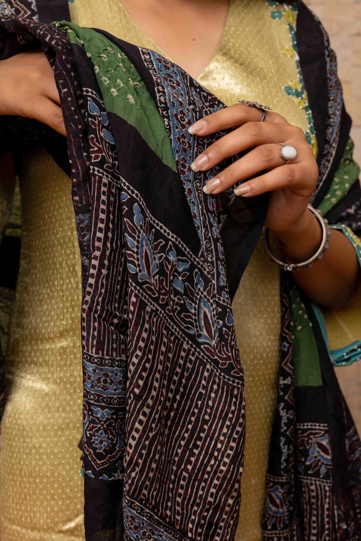Olive Green Ajrakh Bandhani Dupatta With Handmade Tassels