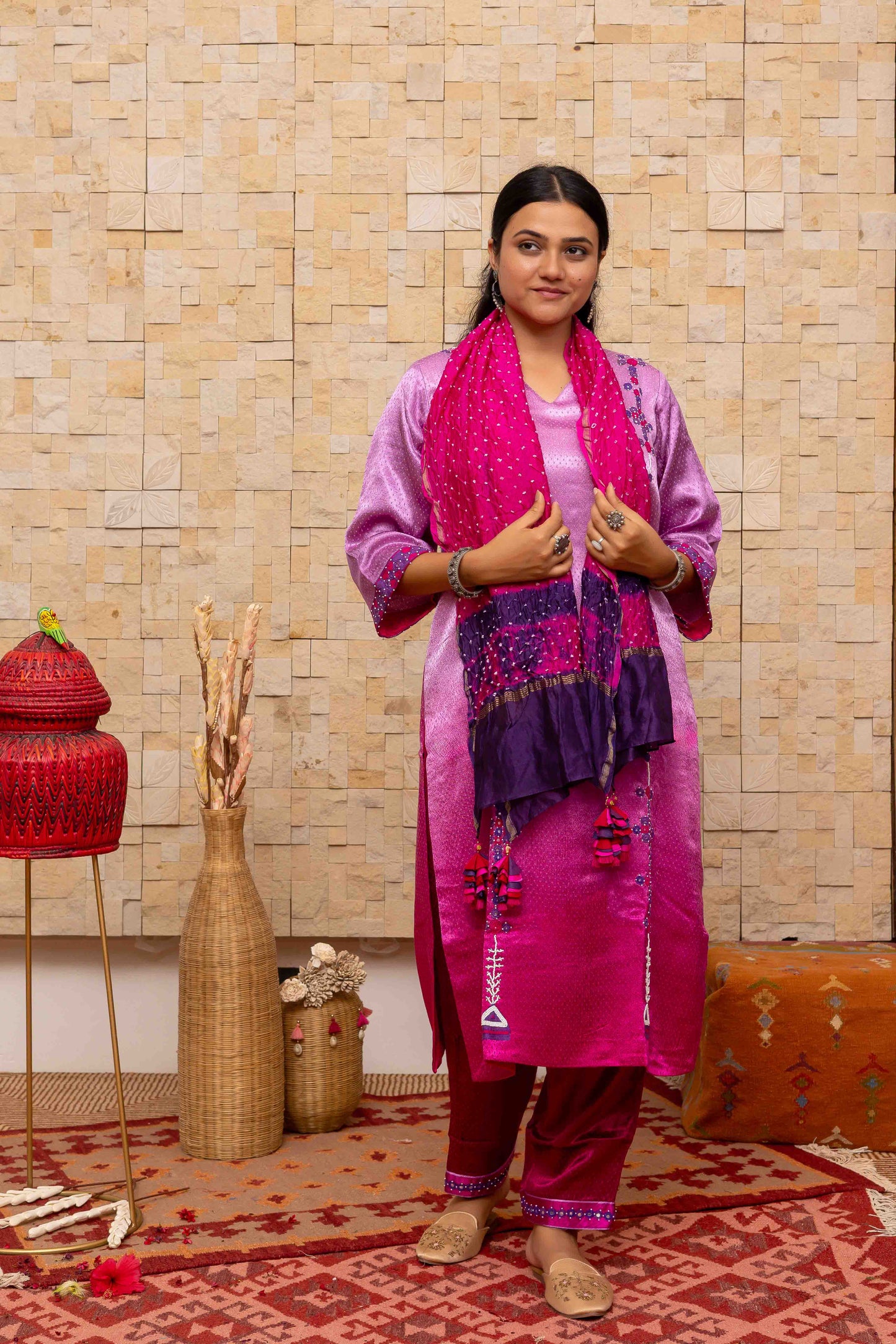 Bandhani Stole in a Contemporary Blue-Purple Color and Crafted Tassels