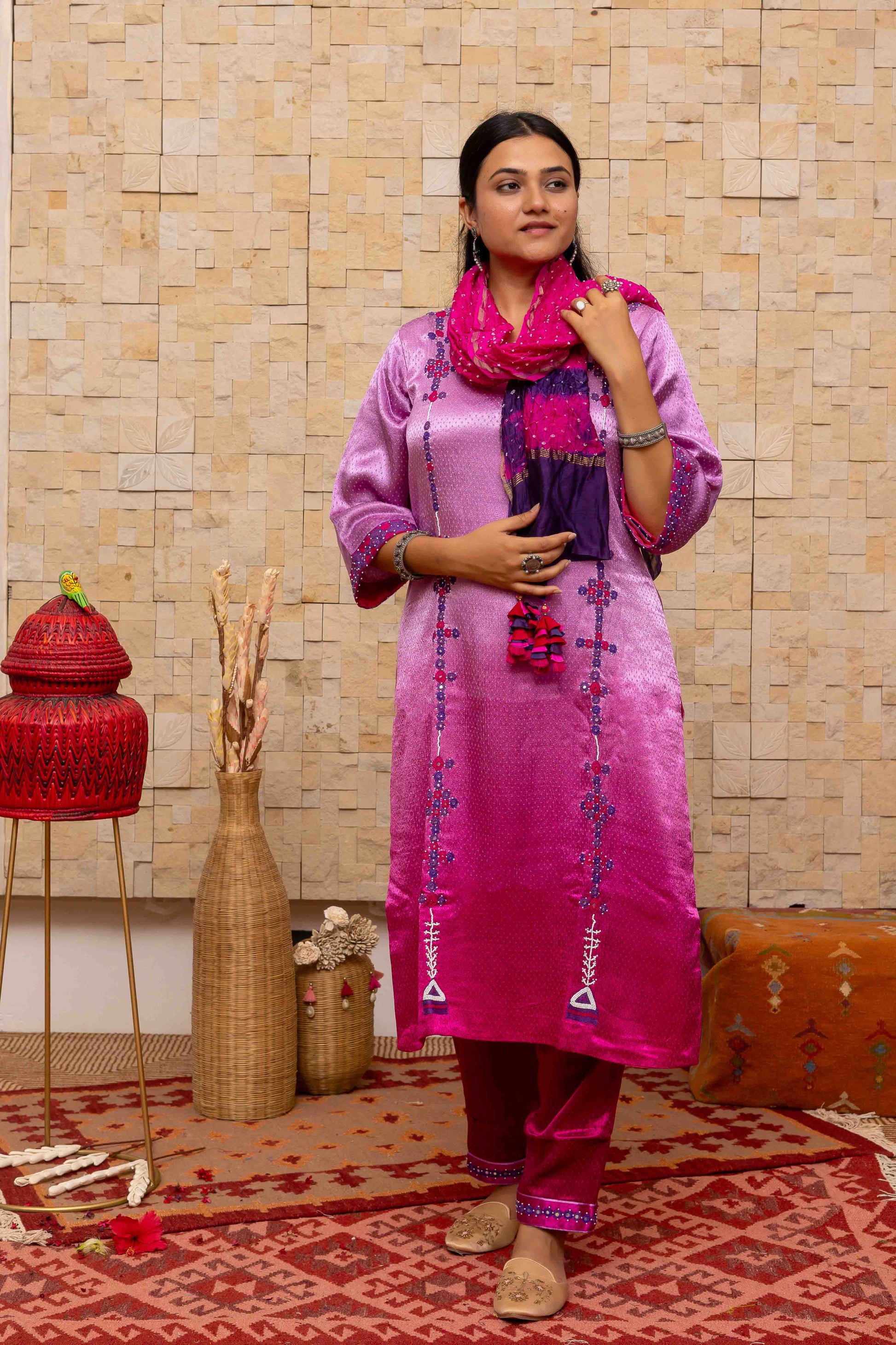 Bandhani Stole in a Contemporary Blue-Purple Color and Crafted Tassels
