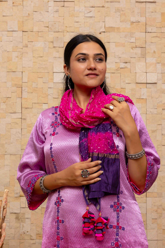 Bandhani Stole in a Contemporary Blue-Purple Color and Crafted Tassels