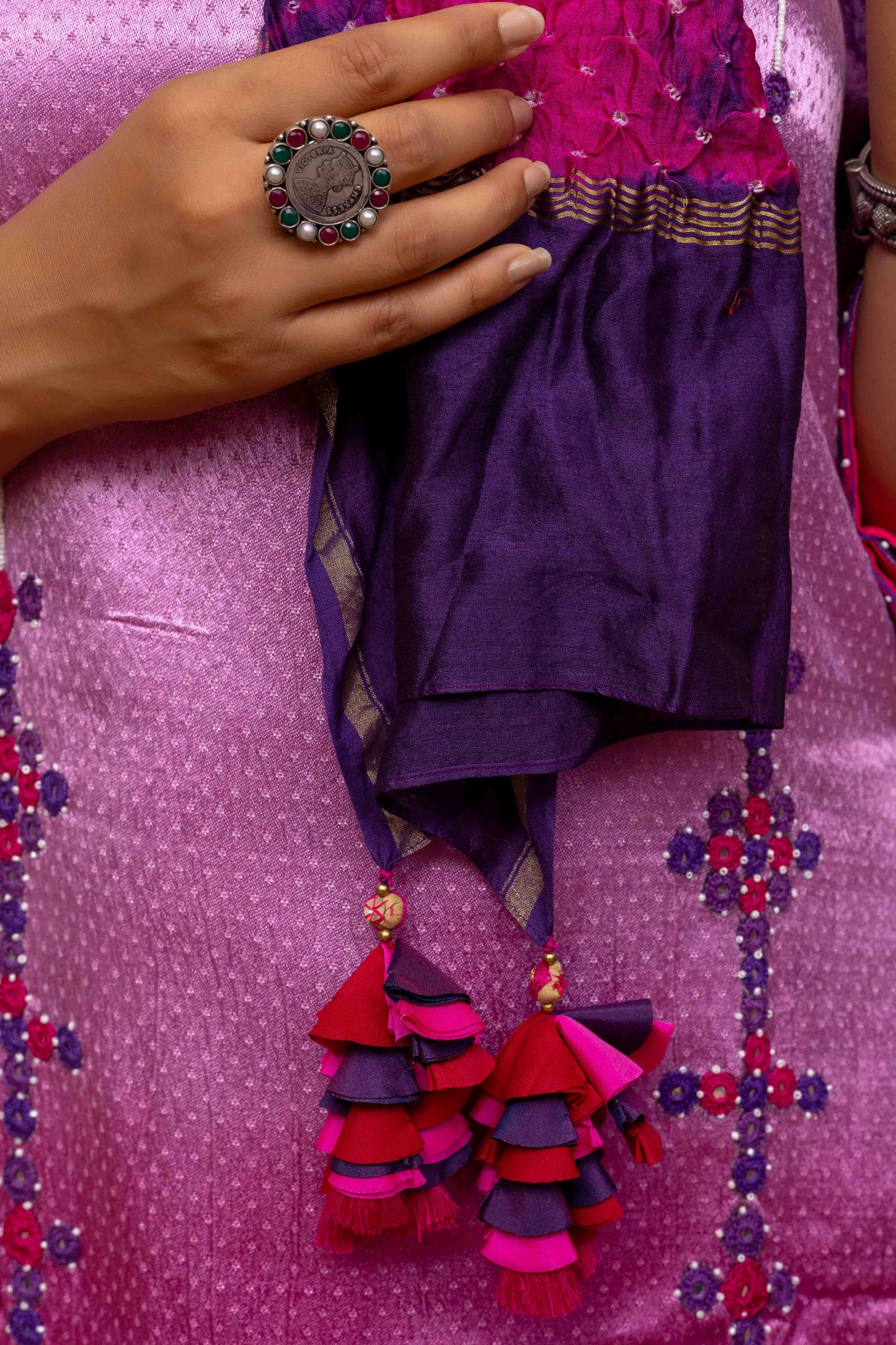 Bandhani Stole in a Contemporary Blue-Purple Color and Crafted Tassels