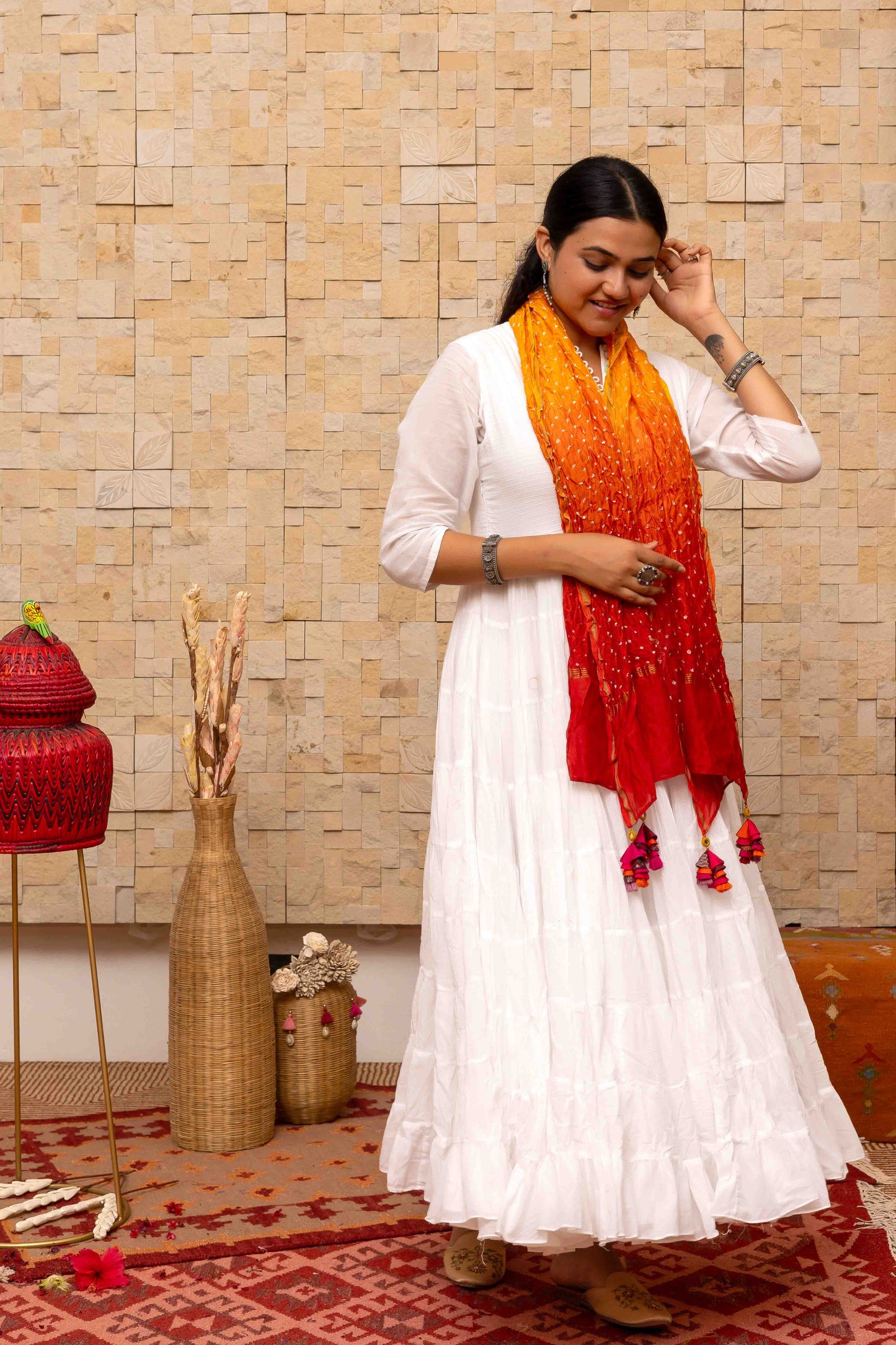 Evergreen Orange-Red Bandhani Stole With Handmade Tassels