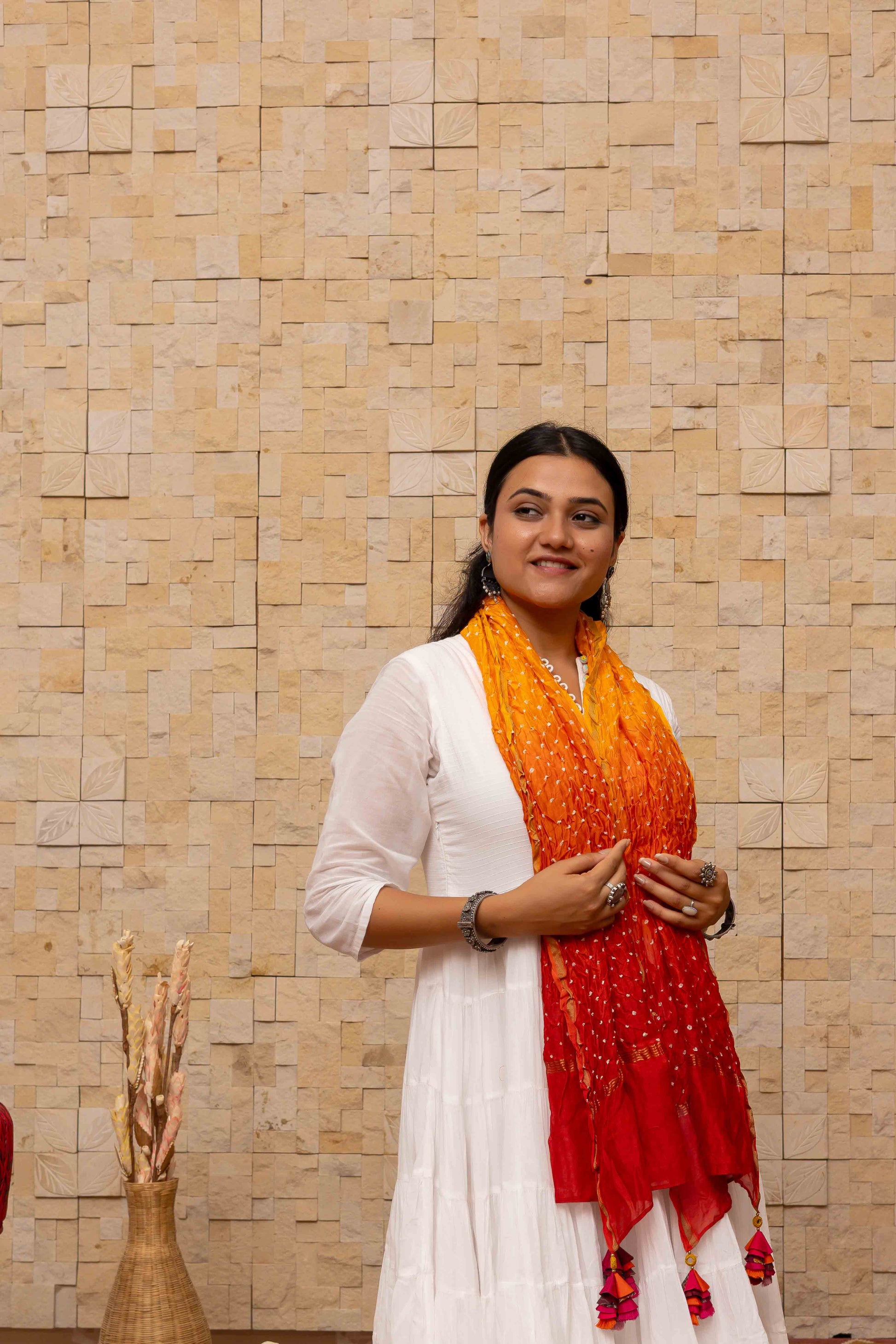 Evergreen Orange-Red Bandhani Stole With Handmade Tassels