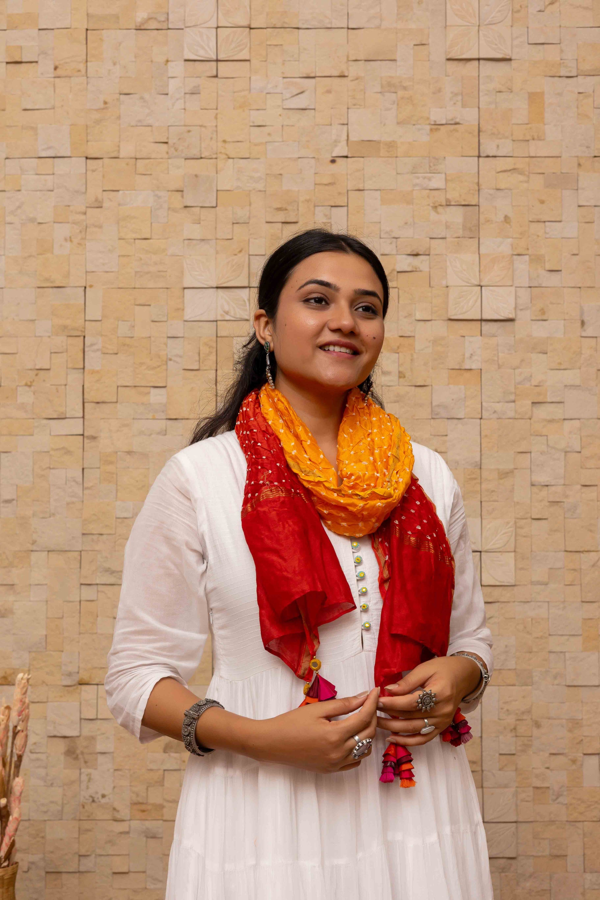 Evergreen Orange-Red Bandhani Stole With Handmade Tassels