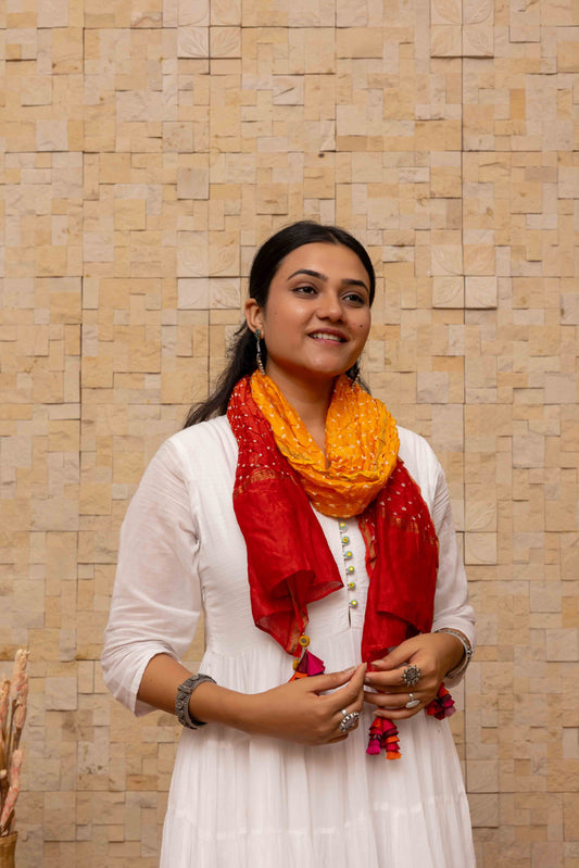 Evergreen Orange-Red Bandhani Stole With Handmade Tassels