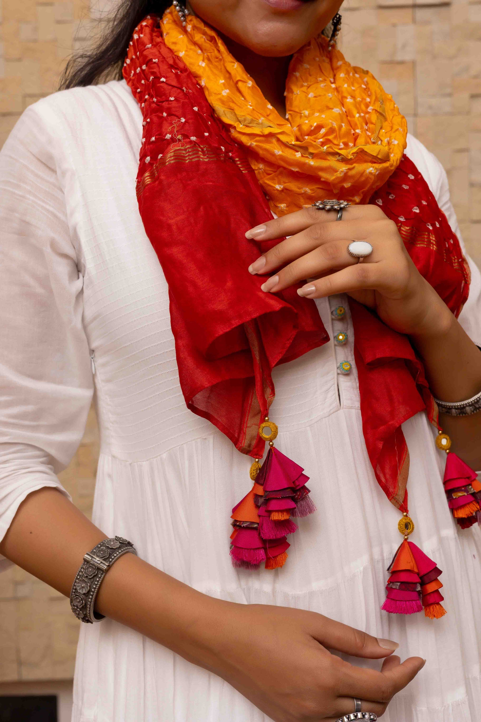 Evergreen Orange-Red Bandhani Stole With Handmade Tassels