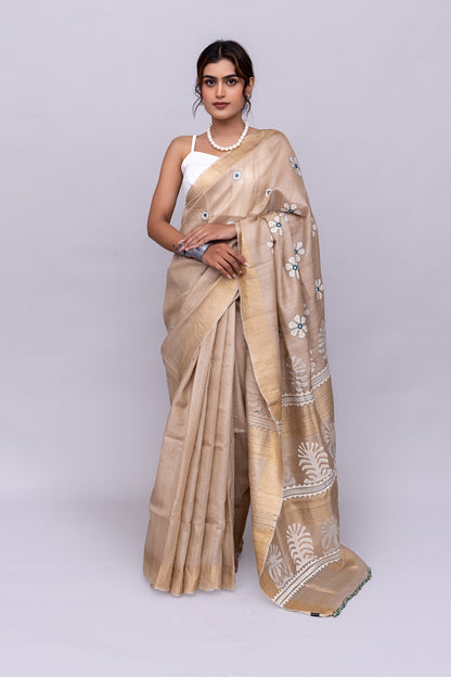 Festive Ivory Tussar Silk Saree With Handcrafted Appliqué and Floral Embroidery