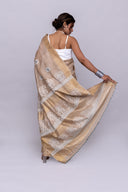 Festive Ivory Tussar Silk Saree With Handcrafted Appliqué and Floral Embroidery