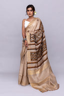 Artisanal Ivory Tussar Silk Saree With Subtle Appliqué Work