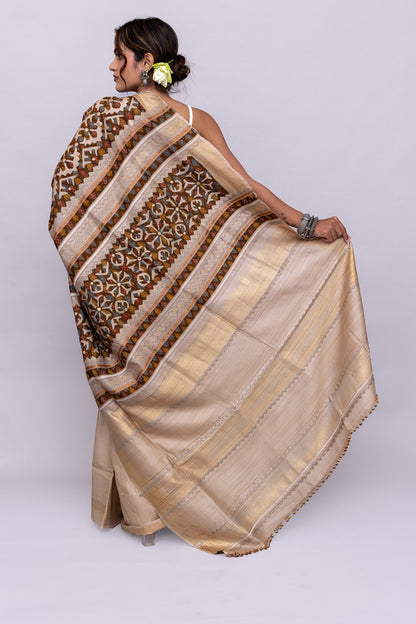 Artisanal Ivory Tussar Silk Saree With Subtle Appliqué Work