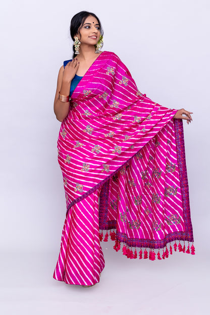 Artisanal Pink Tussar Silk Saree With Royal Floral Motifs