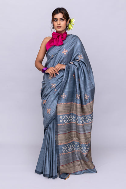 Exclusive Dark Grey Tussar Silk Saree With Handcrafted Appliqué Motifs