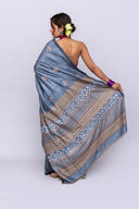 Exclusive Dark Grey Tussar Silk Saree With Handcrafted Appliqué Motifs