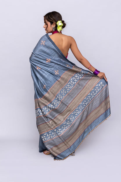 Exclusive Dark Grey Tussar Silk Saree With Handcrafted Appliqué Motifs