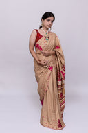 Luxury Satin Silk Saree in Beige With Red Hand Appliqué