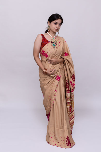 Luxury Satin Silk Saree in Beige With Red Hand Appliqué