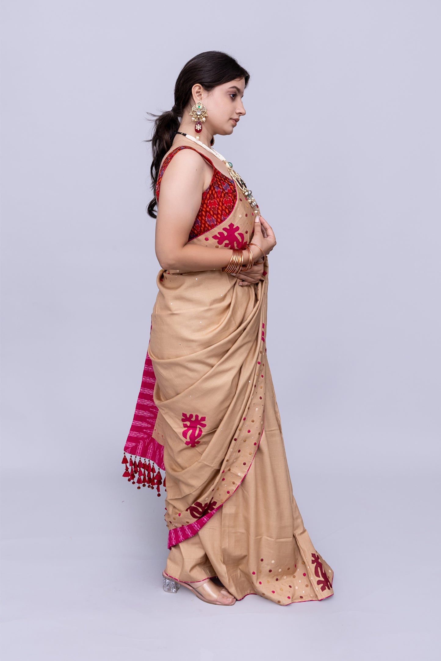 Luxury Satin Silk Saree in Beige With Red Hand Appliqué