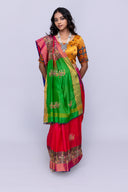 Festive Green-Pink Mulberry Silk Saree With Aari Needlework